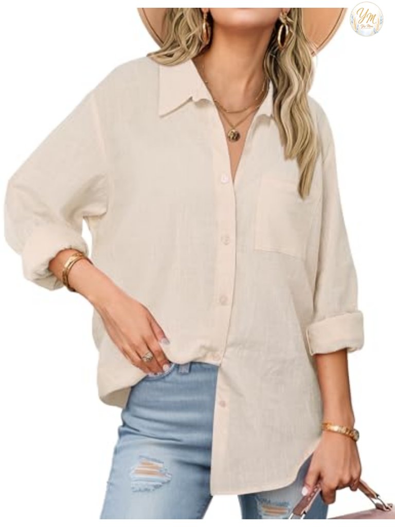 Women's Cotton Linen Button Down Long Sleeve Blouse